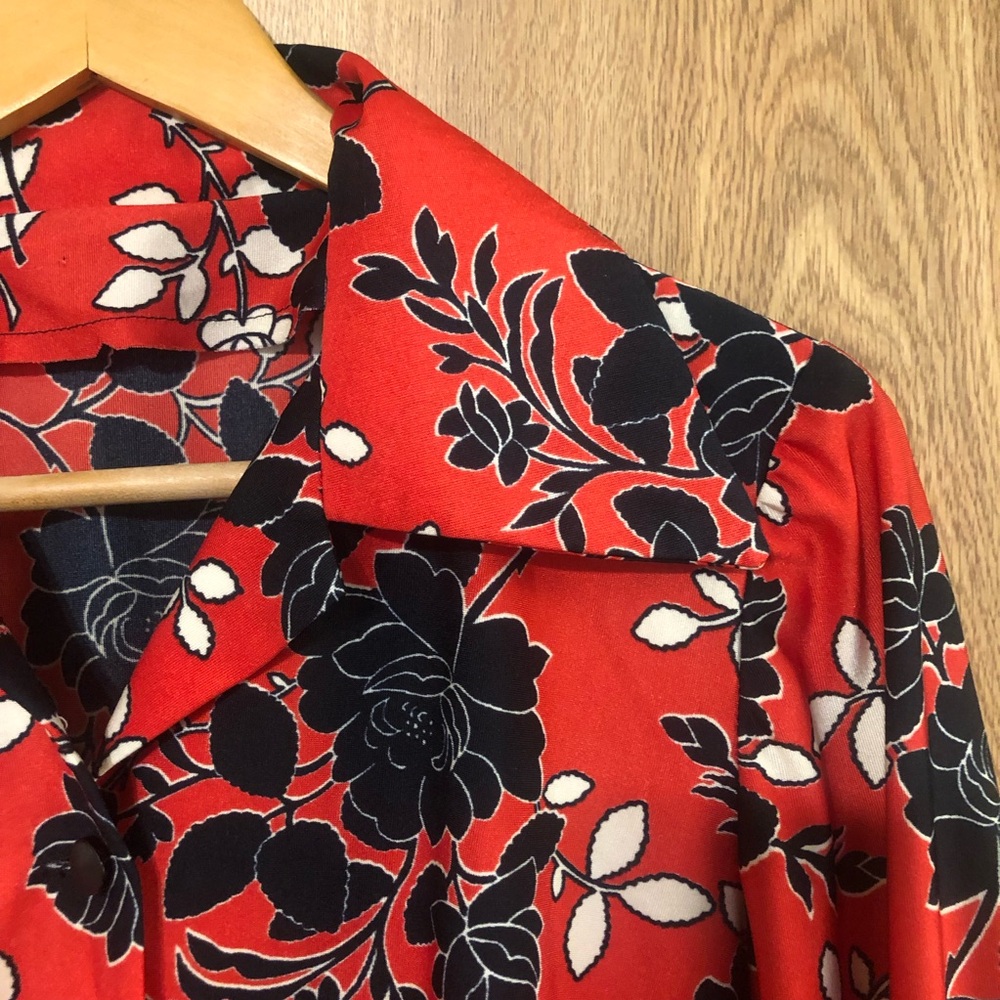 Vintage 1970s Red and Black Floral Button Down Handmade Shirt - Picture 2 of 4